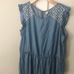 Denim pants jumpsuit with white embroidery detail